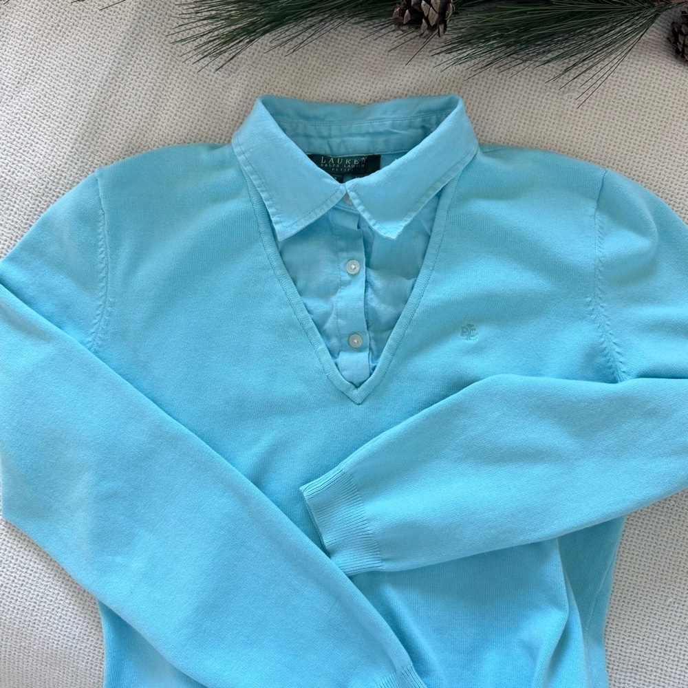 Lauren Ralph Lauren V Neck Attached Collar Sweater Linen Collar